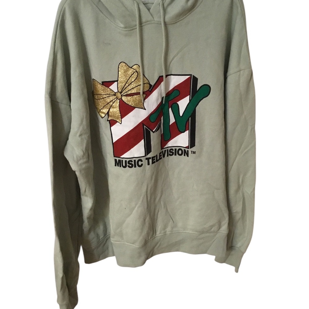 MTV Music Television Womens Hoodie Christmas Holiday Novelty Light Green L